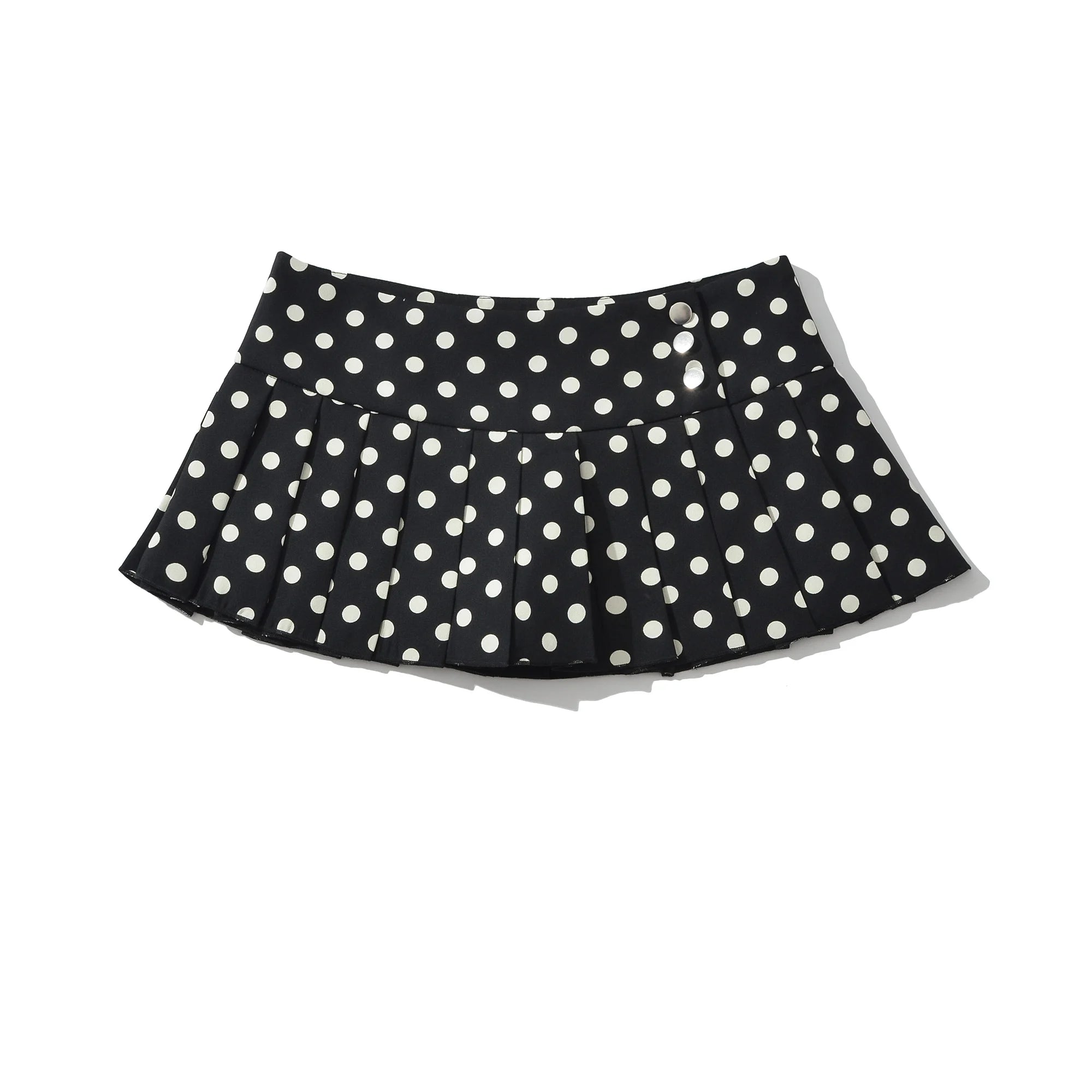 Black Polka Dot Pleated Mini With Shorts Lining Low Waist Skater Style Button Details