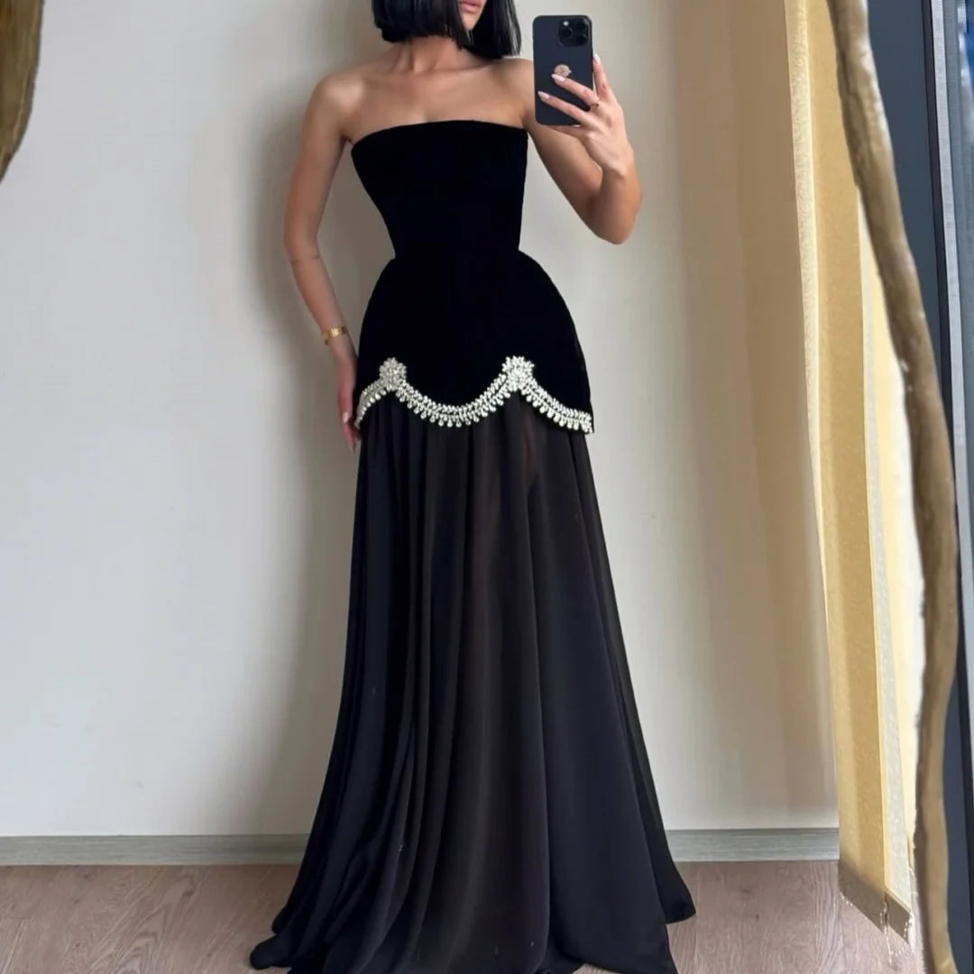Midnight Glitter Strapless Backless Gown For Prom In Floor Length A Line