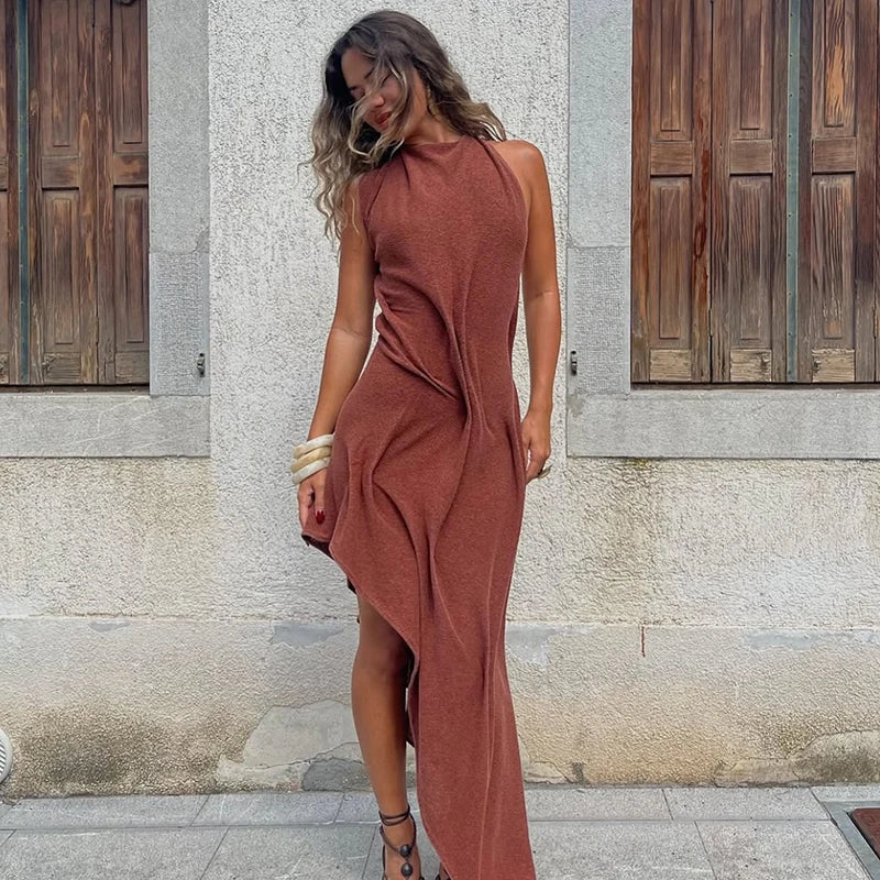 Chic Backless Off Shoulder Pleated Knee Length Dress With Irregular Silhouette