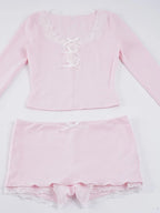 Y2K Hot Girl Lace Hem 2 Piece Set Fashion Bow Long Sleeve Crop Top & Bodycon Mini Skirt Matching Suits