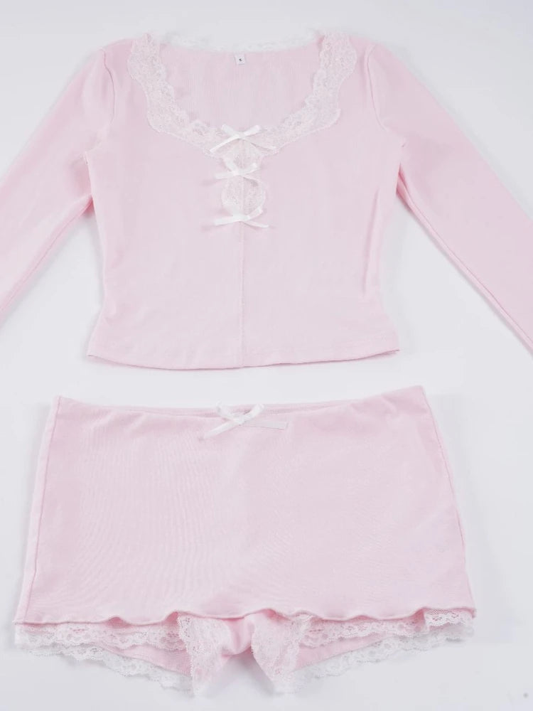 Y2K Hot Girl Lace Hem 2 Piece Set Fashion Bow Long Sleeve Crop Top & Bodycon Mini Skirt Matching Suits