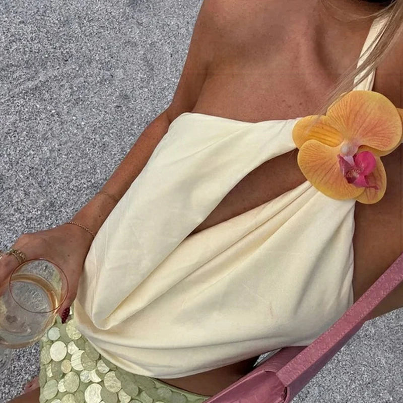 Vintage 3D Flower Cami Top With Halter Backless And Draped Front