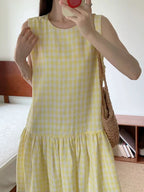 Sunny Plaid Cotton Dress Sleeveless Round Neck Vacation Dress