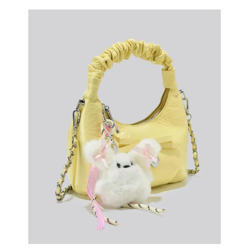 Cloudy Glamour Plush Pendant Shoulder Bag in Glossy Ruched Leather
