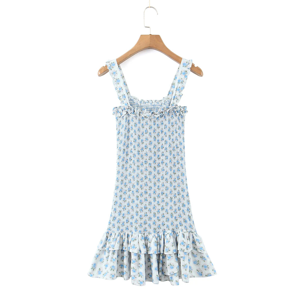 Flower Print Corset Ruched Elastic Body Sling Mini Square Collar Ruffles Hem Dress