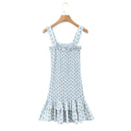 Flower Print Corset Ruched Elastic Body Sling Mini Square Collar Ruffles Hem Dress