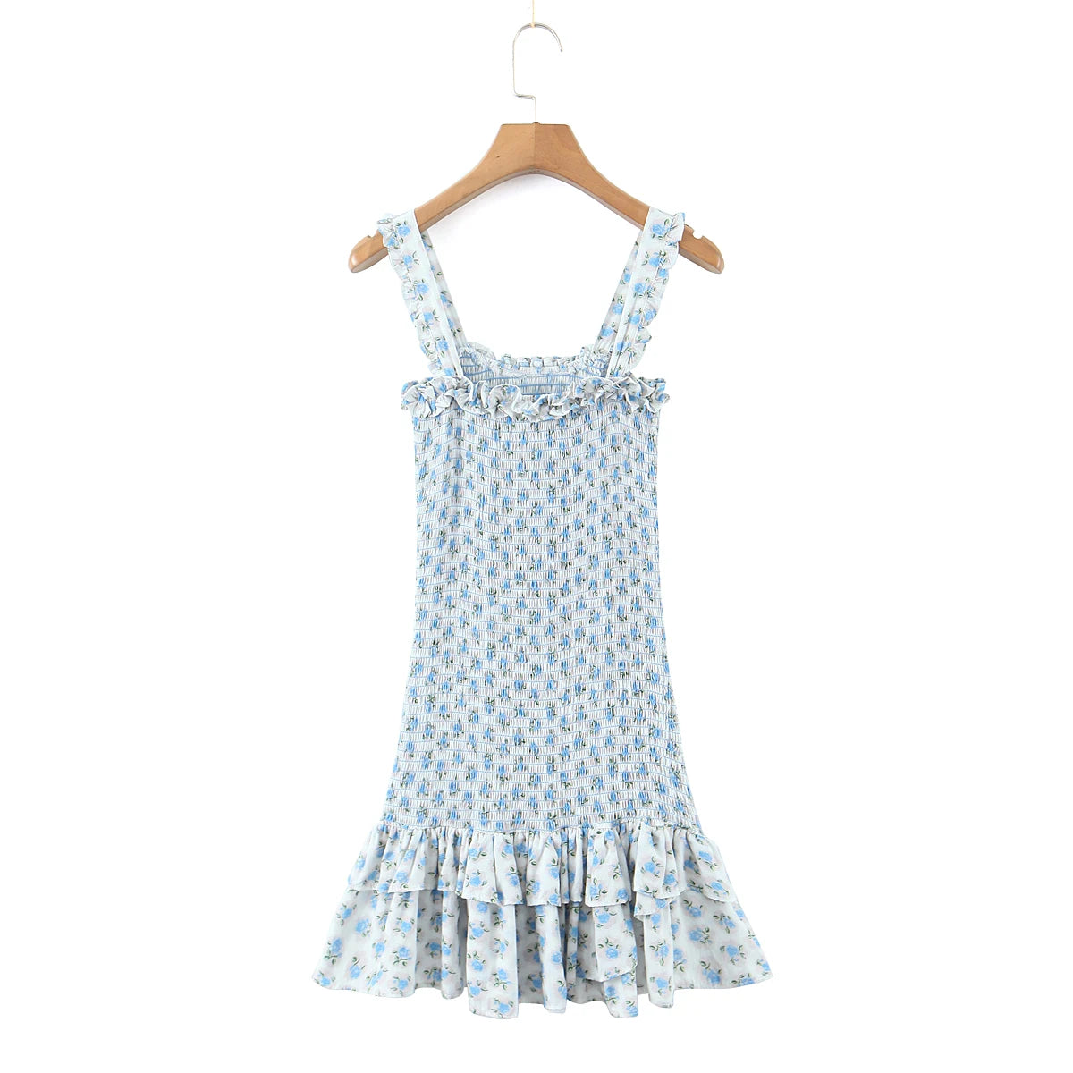 Flower Print Corset Ruched Elastic Body Sling Mini Square Collar Ruffles Hem Dress