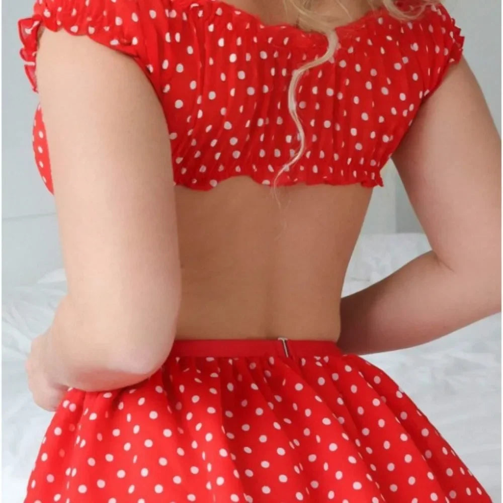 Polka Dots Tutu Lingerie Set Off Shoulder Twopiece with Plunge Bra and Satin Trim