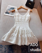 A Line Dress With Ruffled Knitted Vest For Women French Style