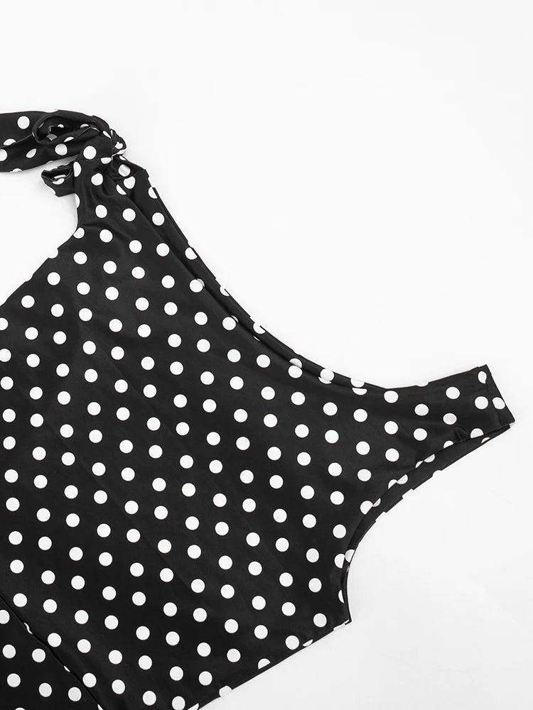 Polka Dot Playsuit With Tassel Details Sleeveless Low-Neck