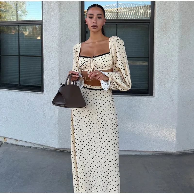 Polka Dot Two-piece Set Square Neck Puff Sleeve Cropped Top With Lace Trim Maxi Skirt