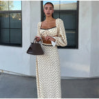 Polka Dot Two-piece Set Square Neck Puff Sleeve Cropped Top With Lace Trim Maxi Skirt