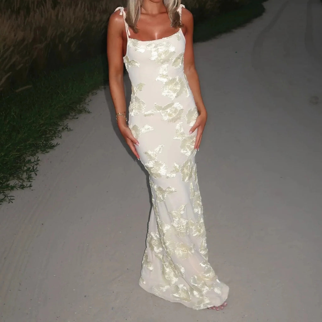 Women Thin Shoulder Straps Tied Long Cami Dress Sleeveless Low Cut Tie Up Flower Embroidery Mermaid Sundress