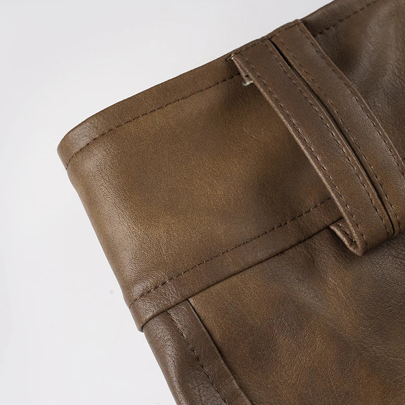Vintage PU Leather Mini Shorts For Women With Zip Pockets Low Rise