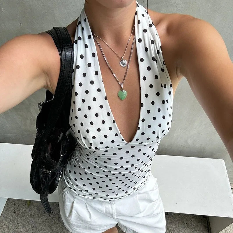 Polka Dot Off Shoulder Backless Camisole Tank Top