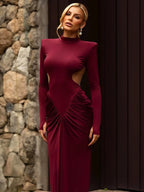 Peach Backless Maxi Dress With Waistless Silhouette And Ruched Elegance