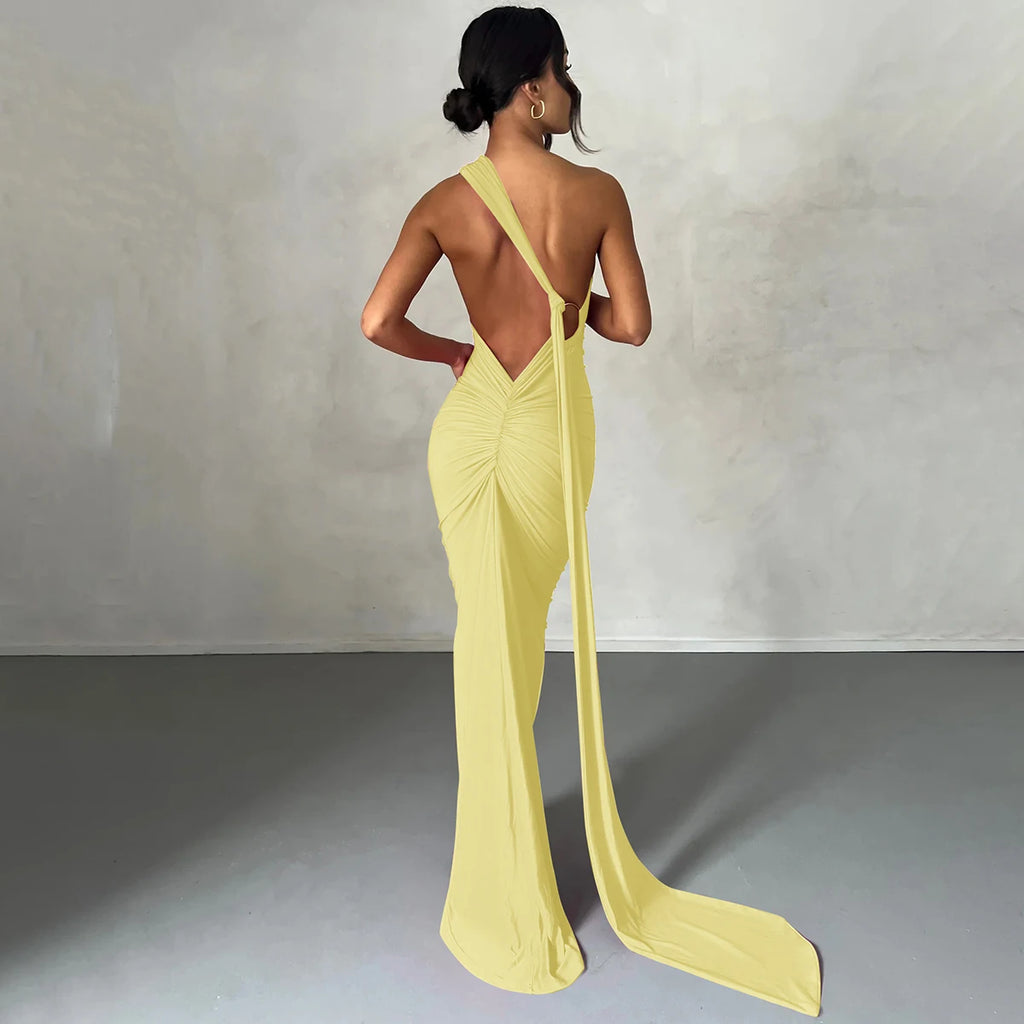 One Shoulder Backless Ruched Dress