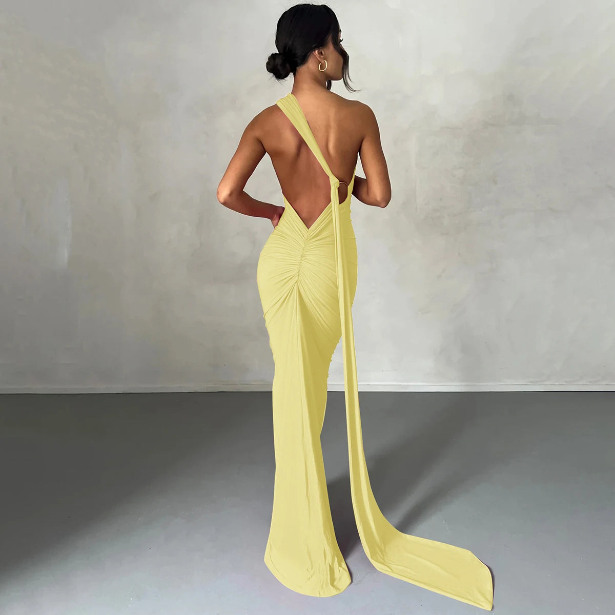 One Shoulder Backless Ruched Dress