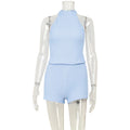 Sexy Halter Knit Two Piece Set Backless Bodice And Shorts Tracksuit