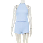 Sexy Halter Knit Two Piece Set Backless Bodice And Shorts Tracksuit