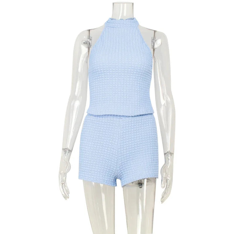 Sexy Halter Knit Two Piece Set Backless Bodice And Shorts Tracksuit