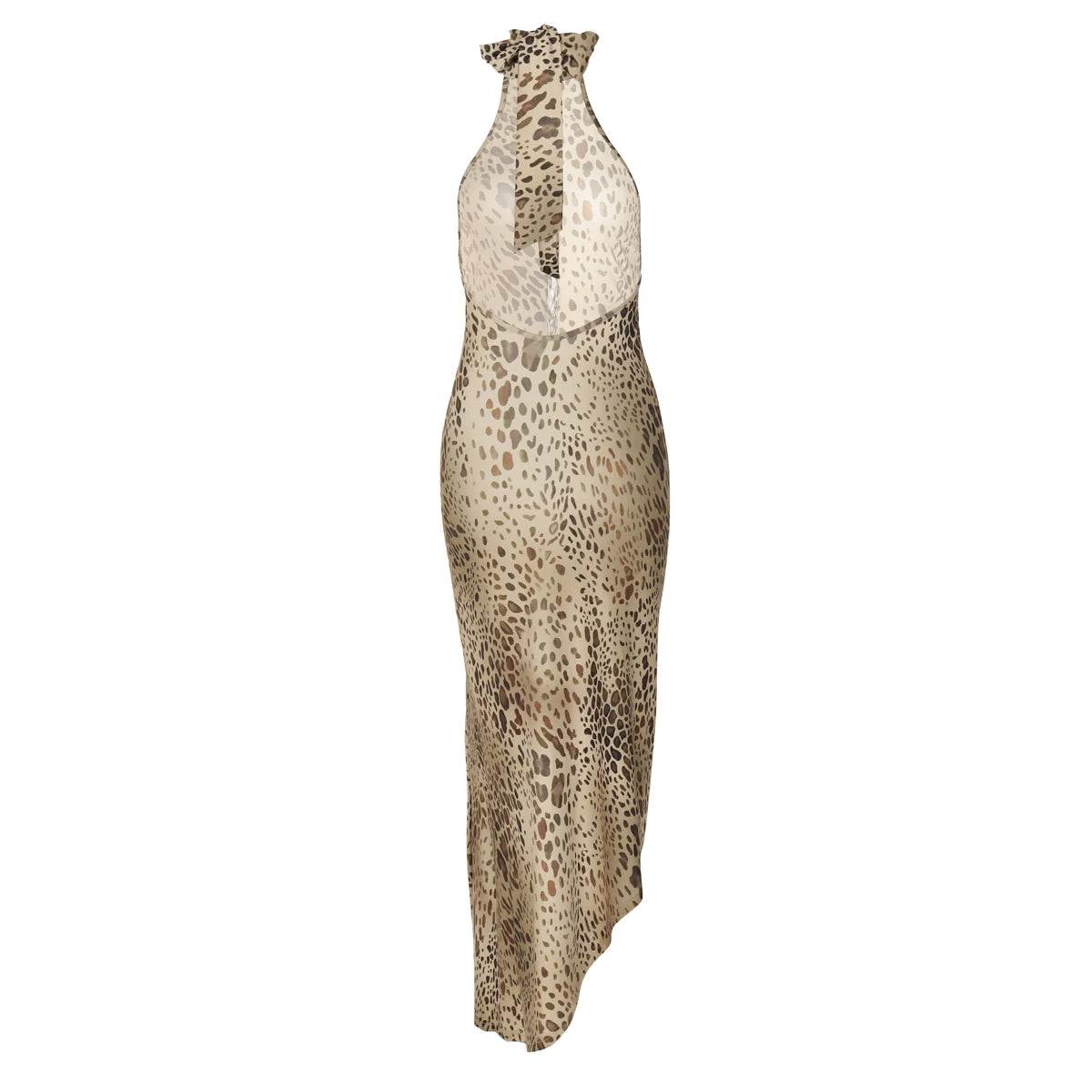 Leopard Print Turtleneck Sleeveless Backless Maxi Dress With Cutout Slit