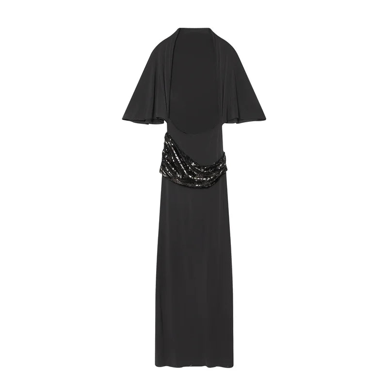 Backless Sequin Patchwork Maxi Dress With Wide Sleeves