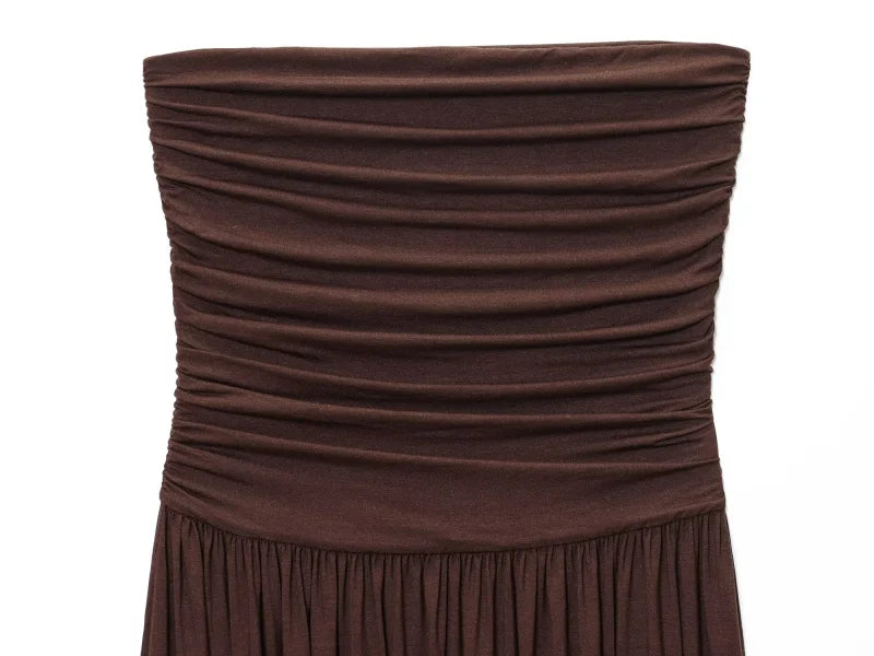 Elegant Strapless Off Shoulder Pleated Maxi Dress With Slim Silhouette