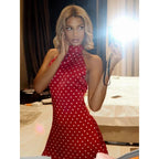 Elegant Off Shoulder Polka Dot Mini Dress Sleeveless Backless High Waist