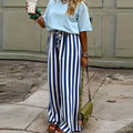 Relaxed Striped Pants For Women With Elastic Waist And Lace Up Detail Wide Leg Straight Trousers