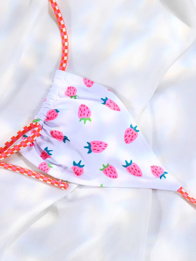 Floral Bow Pink Bikini Swimsuit For Women Low Waist Bandage Beachwear Chic Summer Bathing Suit