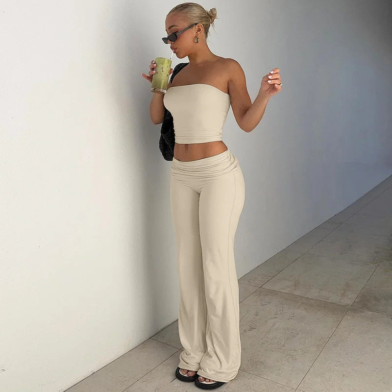 Strapless Crop Top And High Waist Ruched Flare Pants Set