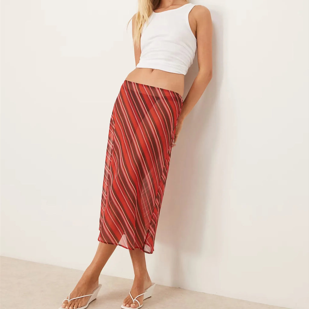 Polka Dot Sheer Midi Skirt With Mesh Details Flowy Maxi