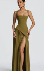 Olive Green Maxi Dress With Scarf Flowy Silhouette