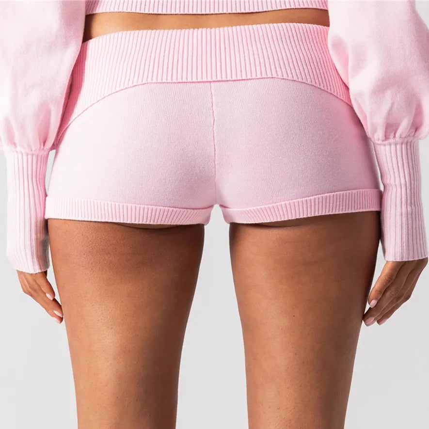 Foldover Waist Knit Micro Shorts Button Detail Ribbed Trim Booty Streetwear Retro Party Look