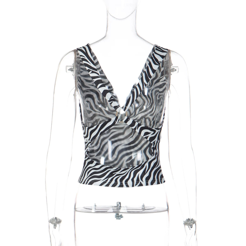 Zebra Print V Neck Backless Ruched Crop Tank Top