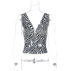 Zebra Print V Neck Backless Ruched Crop Tank Top