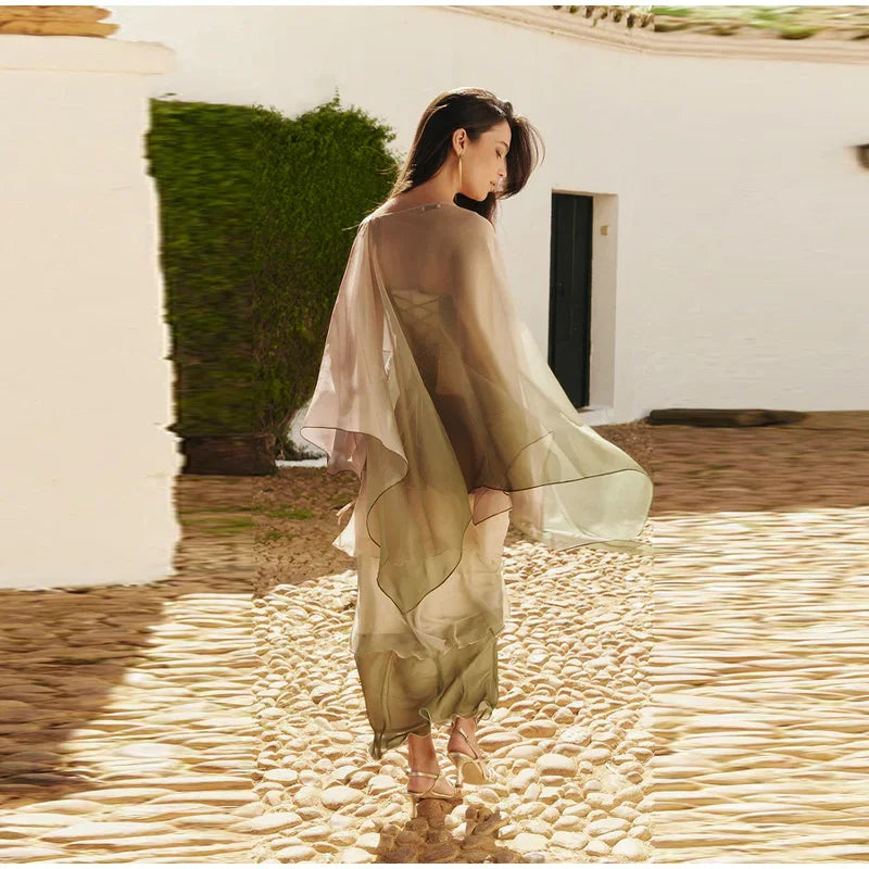 Gradient Flowy Chiffon Three Piece Set With Tube Top Tiered Skirt And Sheer Scarf