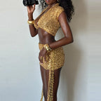 Sequined Set With Tassel Mini Skirt And V Neck Crop Top