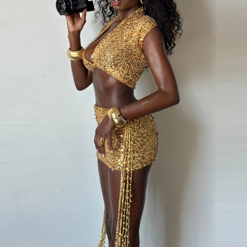 Sequined Set With Tassel Mini Skirt And V Neck Crop Top