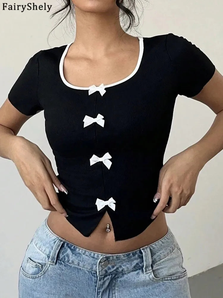 Square Neck Short Crop Top With Bow Black Bodycon Silhouette