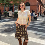 Polka Dot Satin Mesh Midi Skirt With High Waist A Line
