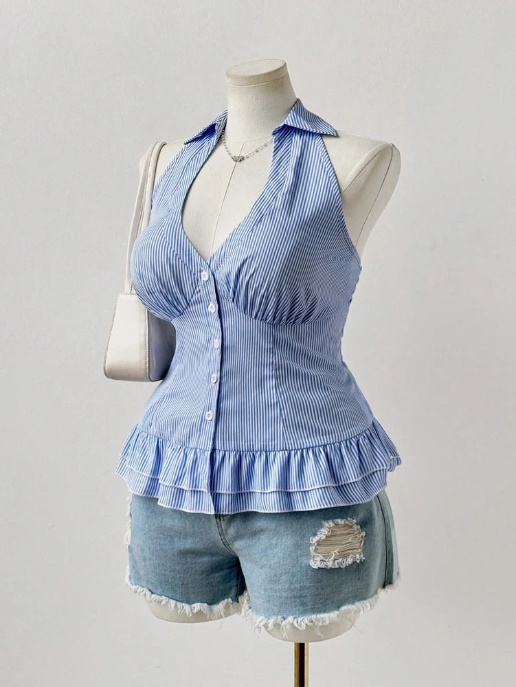 Blue Striped Sleeveless Shirt With Pleated Hem V Neck