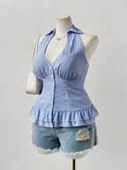 Blue Striped Sleeveless Shirt With Pleated Hem V Neck