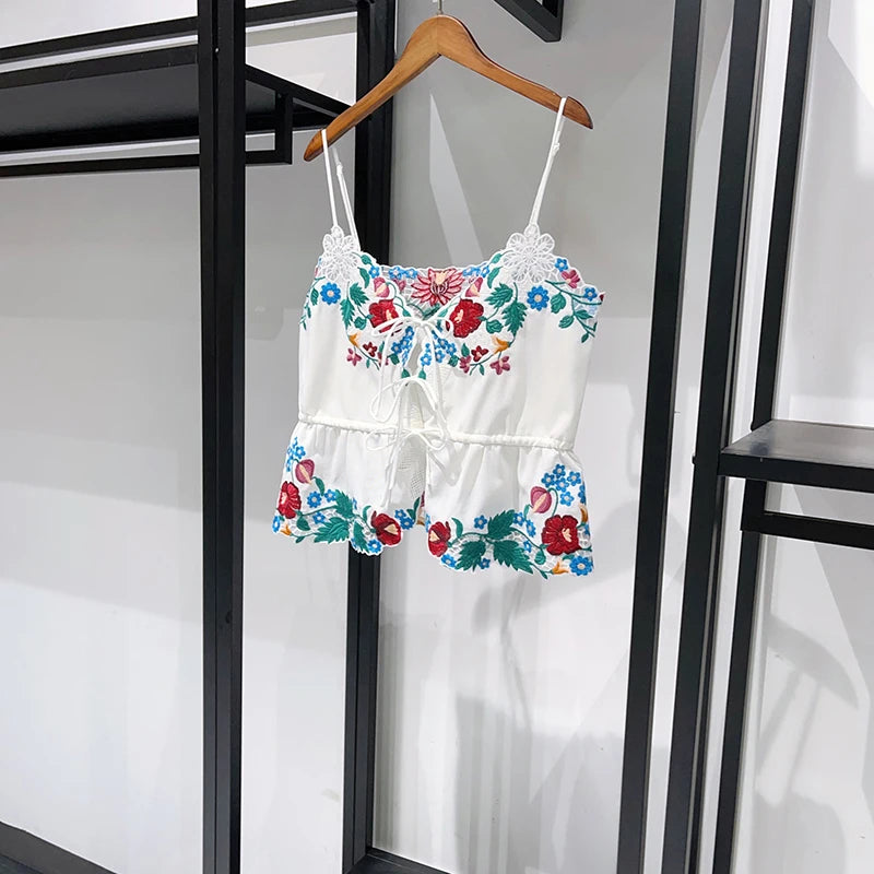 Romantic Floral Lace Embroidered Midi Set With Sleeveless Top And Side Slit Skirt