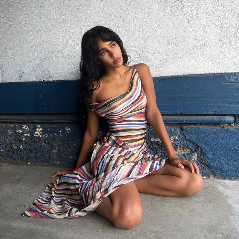 Colorful Stripe Sleeveless Midi Dress