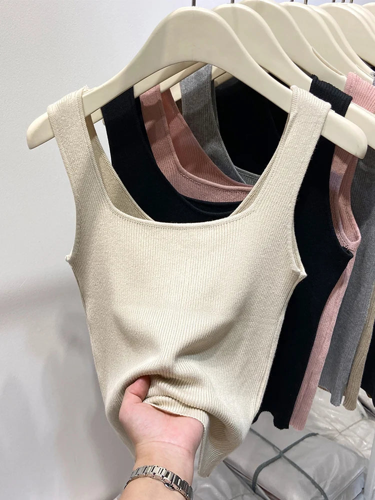 Knitted Strap Top With Clavicle Square Collar