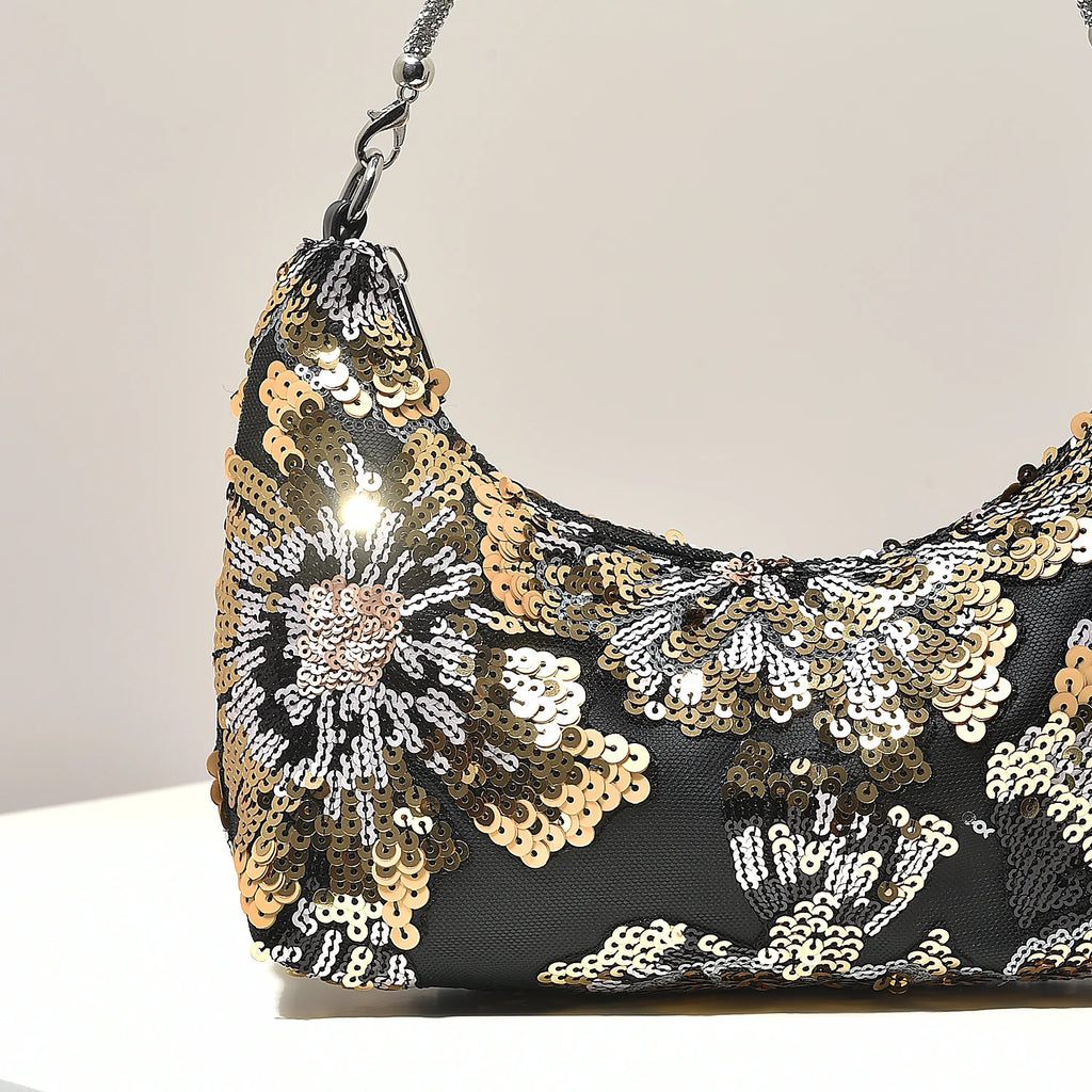Floral Embroidered Sequin Shoulder Bag For Women Crescent Shape Evening Purse