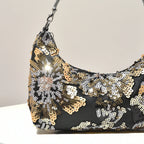 Floral Embroidered Sequin Shoulder Bag For Women Crescent Shape Evening Purse