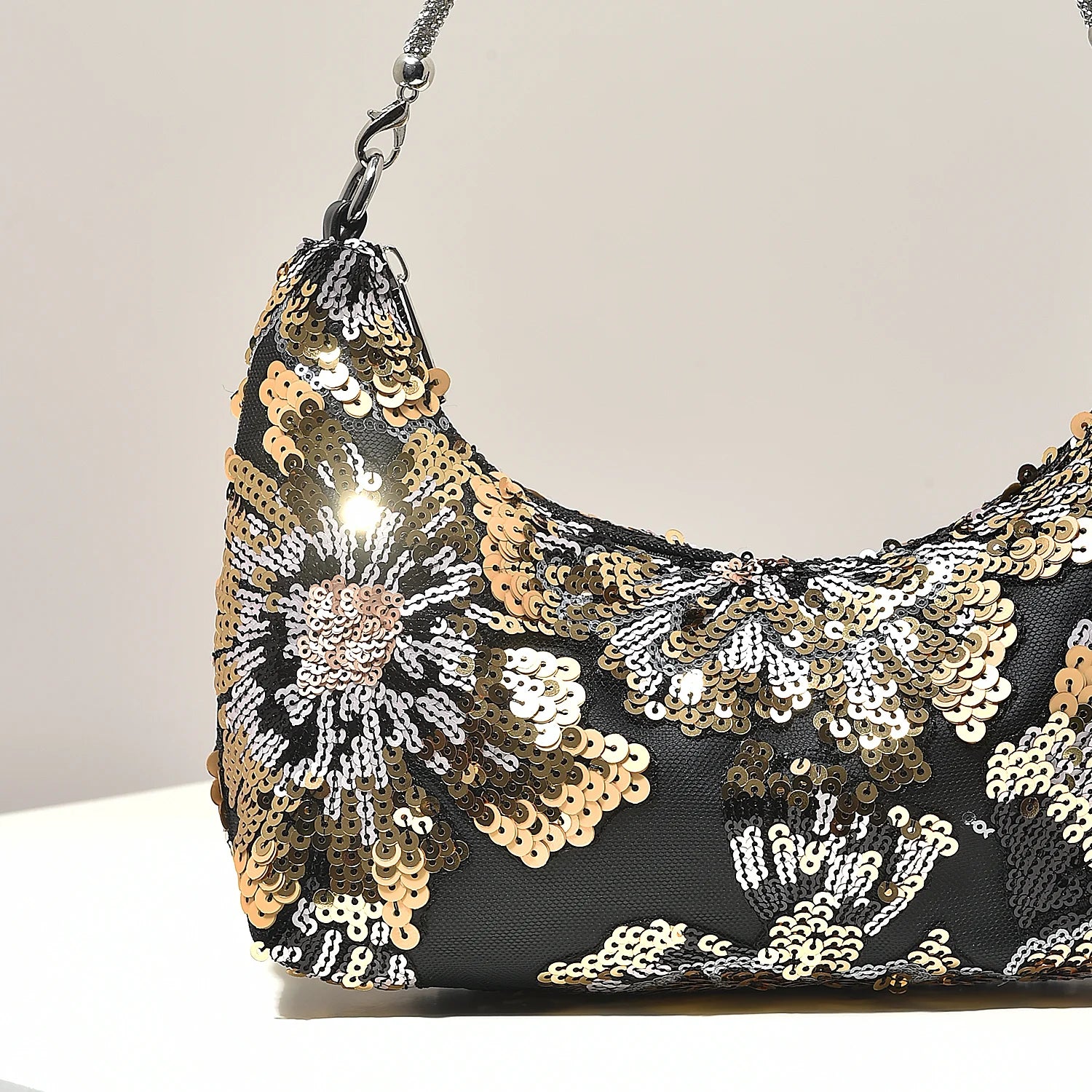 Floral Embroidered Sequin Shoulder Bag For Women Crescent Shape Evening Purse